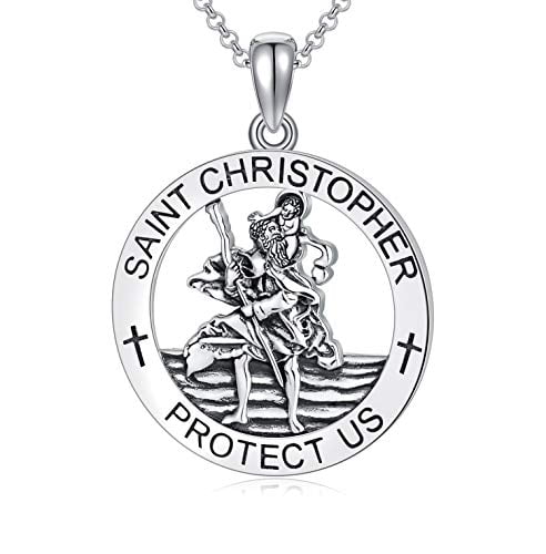 Vintage 40s Sterling Silver Blue Guilloche Enamel Saint Christopher Protect  Us Necklace Pendant & Chain